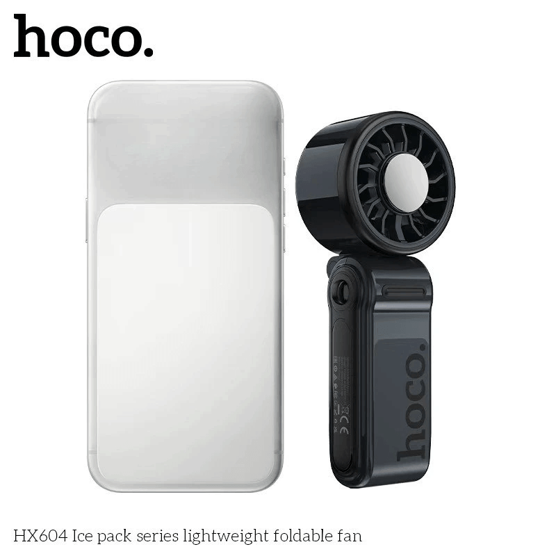 พัดลมพกพา HOCO HX604 สีดำ พร้อมแผ่นทำความเย็น พับได้ 90&deg; ความเร็วมอเตอร์ 10000 RPM แบตเตอรี่ 3000MAH